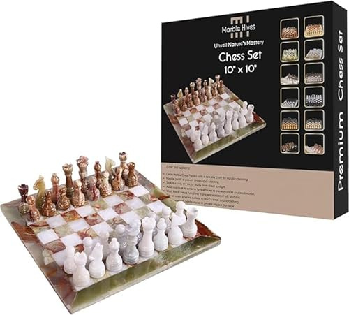 Handmade Marble Chess Set - Luxury Handmade Marble Set - Chess Sets for Adults - Premium Quality Boards (10 Inch Chess, Onyx Green and White)