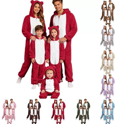 Generisch Set di Pigiami Natalizi per Famiglia Completo Tutina Accogliente Caldo Pigiama con Orecchie di Orso Cappuccio Pigiama di Natale in Pile Morbido Casual Onesie Casa Tutina., marrone, 11-12
