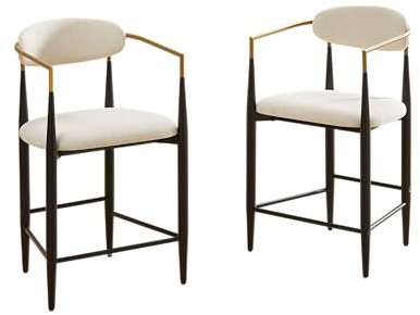 kozamas 2er Set Barhocker mit Armlehnen, Französischer Landhausstil Küchenhocker, Ergonomische Rückenlehne, Creme Stoffkissen, Schwarz-Gold Metallrahmen,Hohe Sitzhöhe für Kücheninsel oder Bar