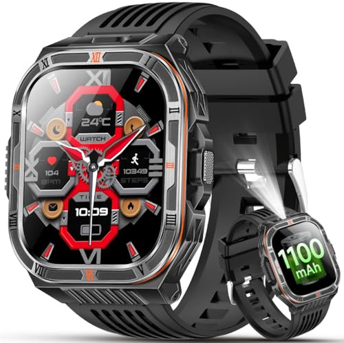 Montre Connectée Homme Militaire, 2.01 HD Grand Écran avec 1100 mAh Batterie/LED Lampe,Smartwatch avec 150 Modes Sportifs/Fréquence Cardiaque/SpO2/Sommeil Monitor, IP68 Étanche pour Android iOS