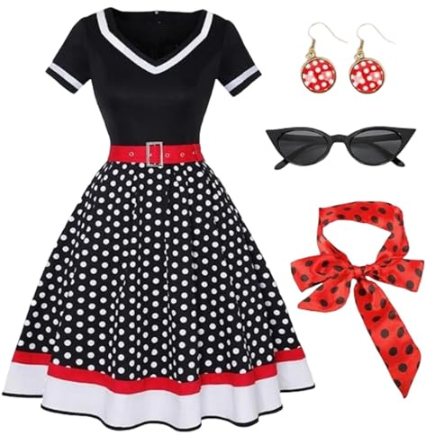 Lvnsdknerse 50er Jahre Kostüm Damen - Rockabilly Kleider Damen - 6 Stück Rockabilly Accessoires Mit Katzen Auge Brille, Ohrringe, Stirnband, Halskette, Handschuhe für Motoparty Retro Party