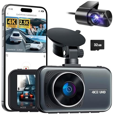 4K Dashcam mit 3,94 Bildschirm/Vorne & hinten/Autokamera mit 170° Weitwinkelansicht/Nachtsicht/Parküberwachung Vorne Und Hinten Mit Parküberwachung Für Unterwegs (Schwarz B,64G)