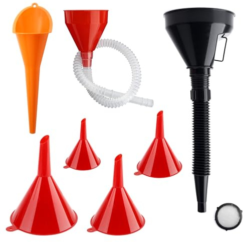 7PCS Funnel for Car, Fuel Funnel with Detachable Spout & Hose | Flexible Plastic Funnels, Universal Right Angle Long Funnels with Wide Mouths for Gas, Oil, Coolant & More
