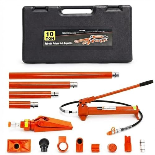 4/10/12 Ton Porta Power Hydraulic Ram Kit with Pump, 1.4m Oil Hose, Auto Body Frame Repair Car Jack Set, Portable Heavy Duty Tool with Storage Case for Garage Truck Farm