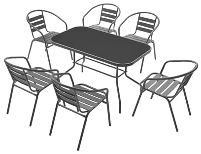 MAT-COMPANY modernes Gartenmöbel Set Tisch 120x70 cm mit 6 Stühlen Metall Glasplatte Balkon Terrasse Garten Set wetterfest stapelbar