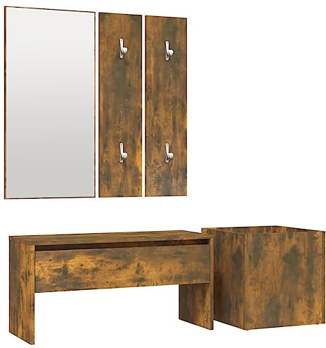 QZZCED Smoked Oak Engineered Wood Hallway Furniture Set with Storage Bench, Coat Rack, Mirror, and Planter