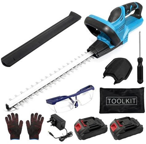 Akku Heckenschere mit 2X 3,0Ah Akkus & Ladegerät, kabellose Heckenschere für Garten, Hecken und Sträucher, inkl. Schutzbrille, Handschuhen und Zubehörset