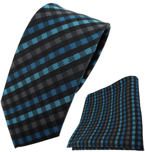 TigerTie schmale Designer Krawatte + Einstecktuch türkis anthrazit schwarz gestreift