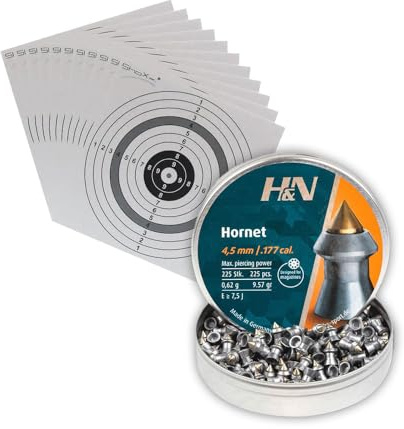 Diabolos H&N Spitzkopf Hornet Kal. 4,50 mm / 0,620g / 225 STK. + 10 ShoXx.® Shoot-Club Zielscheiben 14x14 cm mit zusätzlichen grauen Ring und 250 g/m²