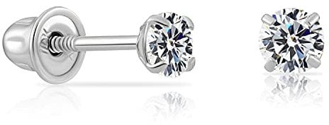 14k White Gold Solitaire Round Cubic Zirconia CZ Stud Earrings in Secure Screw-backs, White Gold, Cubic Zirconia