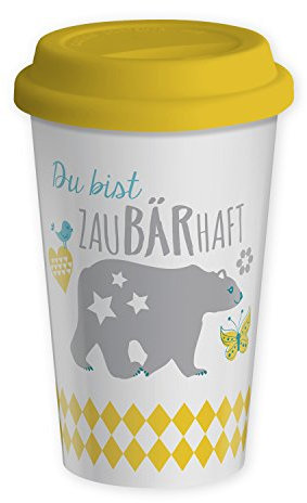 Die Geschenkewelt 43579 Becher mit Bär und Spruch Du bist zaubärhaft, Porzellan, 43 cl, mit Silikon-Deckel, gelb, pastell-farben