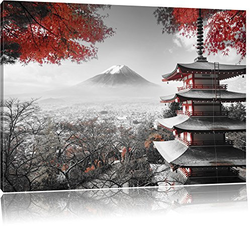 Pixxprint Japanischer Tempel im Herbst Schwarz, B&W, Größe: 120x80cm, Leinwandbild, fertig gespannt, Wandbild, Dekoration, Kunstdruck, kein Poster