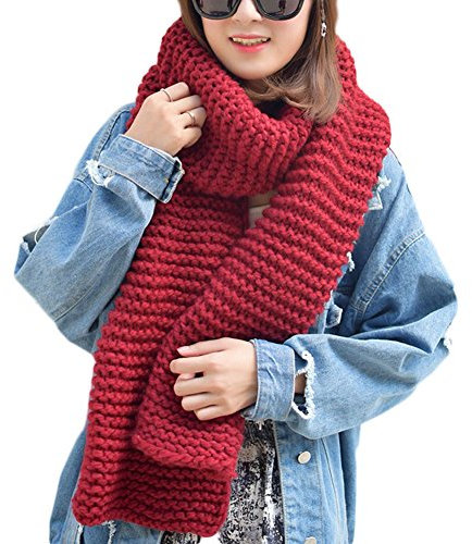DELEY Unisex Paar Chunky Zopfmuster Wolle Stricken Lange Loop Schal Schals Halstücher Halstuch Umschlagtücher Rundschal Winterschal Rot