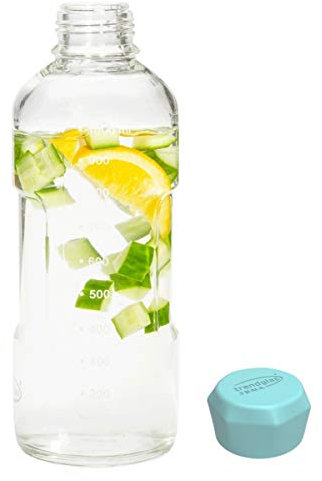 Trendglas Jena Glasflasche/Trinkflasche to go aus Borosilikatglas mit Skala - blauer Verschluss, 1000 ml