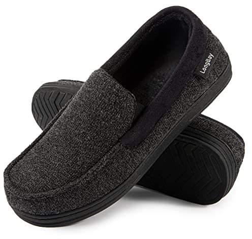LongBay Men's Memory Foam Moccasin Slippers Plush Fleece House Slipper in Indoor Outdoor Shoes, Black 1, 8 UK