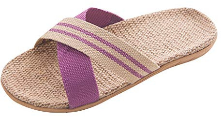 Infradito Donna Pantofole da Spiaggia per la casa con Punta Aperta Aperta in Lino Antiscivolo (39-40 EU,Viola)