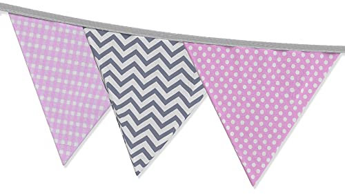 Wimpelkette Kinderzimmer, Stoff Wimpelkette für Babyzimmer Deko Junge & Mädchen - farbenfrohe Girlande Kinderzimmer Deko & Stoff-Girlande Längen - (130cm, Rosa/Grau)