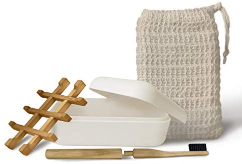 EDARTO® Bambus Seifenschale mit Ablauf, Abtropfgitter und Deckel – Umweltfreundlich aus Bambus und Mais + Seifensäckchen aus 100% Natursisal für Körper-Peeling