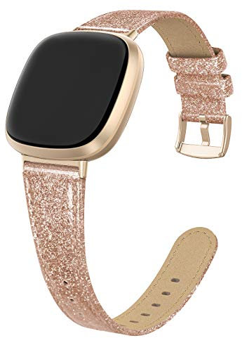 EDIMENS Leather Straps Compatible for Fitbit Versa 3 / Fitbit Sense Strap for Women Men, Genuine Leather Strap Compatible with Fitbit Versa 3 / Sense Replacement Wrist Bands, Glitter Rose Gold