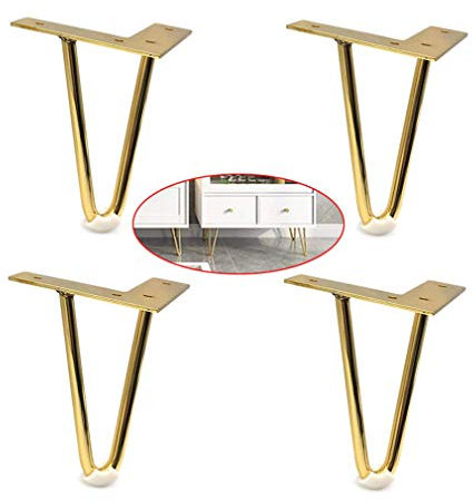 Gold Tischkufen, Hairpins Möbelbeine, Hairpin Leg aus Stahl Tischbeine Tischfuß, 2 Streben Ø 10 mm | Höhe 10-30cm | inkl. Anti-Rutsch-Bodenschoner + Schrauben, 4 Stück (gold25cm)
