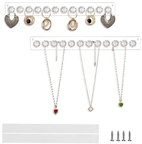 JUNMEIDO 2 Stück Halskettenhalter Acryl Schmuckaufhänger Wand Halsketten Aufbewahrung Halskettenaufhänger Hakenleiste Schmuck aufhängen mit 12 Diamant-Haken für Ohrringe, Halsketten, Geschenkidee