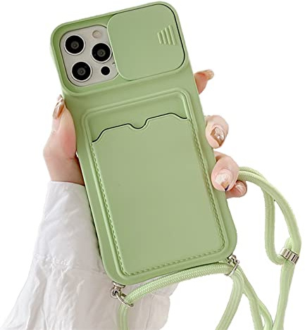 Emlivi Handykette Hülle mit Kartenhalter für iPhone 12 Mini, kameraschutz mit Camera Slider Handyhülle Silikon TPU Cover für zum Umhängen Schutzhülle mit Band Case für iPhone 12 Mini, Matchagrün