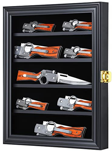 Jinchuan Knife Display Case - Pocket Knife Stand for Collections - Military Folding Knife Shadow Box Wall Cabinet with Uv Protection Acrylic Lockable,Small Black