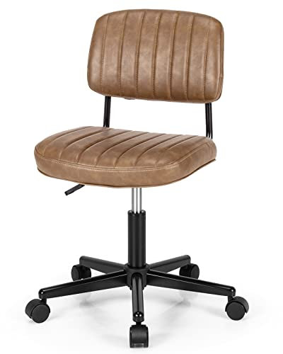 COSTWAY Swivel Office Chair, Armless PU Leather Computer Desk Chair with Wheels, Height Adjustable Ergonomic Padded Mid-Back Executive Task Chairs (Brown, 53 x 53 x 75-86cm)