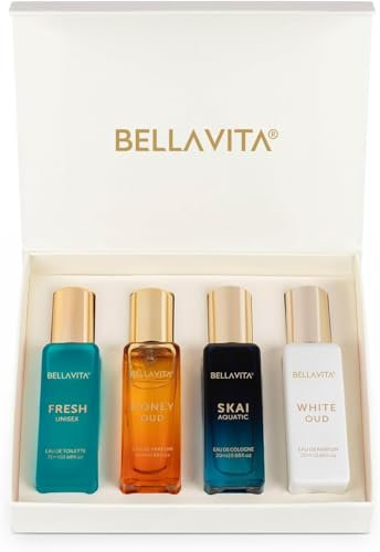 BellaVita Luxury Unisex Cologne Gift Set (4x20ml) | Vanilla & Oud Fragrance Includes Honey OUD, SKAI, FRESH & White OUD | Mini Perfumes & Spicy Vanilla Perfume Oil | Travel Size Edition Perfume