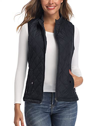 LONGKING Damen Weste Leicht Stehkragen Weste Steppweste mit Reißverschluss Ärmellose Oberteile Tops Coat Jacke Outdoor Blau-Schwarz L