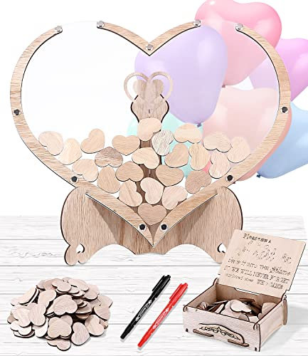 FAOKZE Wedding Guest Book,Gästebuch Hochzeit Holz,100 Herzen Herz Hochzeitsgästebuch mit 50 Heart Balloons 2 Marker Pens und Storage Box.
