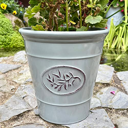 Darthome Glossy Round Planter Ceramic Effect Plastic Light Classic Garden Flower Pot Blue Grey Green 23cm (Grey)