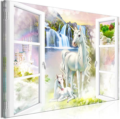 murando - Wandbilder XXL Einhorn 120x80 cm Leinwandbild 1 tlg Kunstdruck modern Wandbilder XXL Wanddekoration Design Wandbild Traum Tiere Wasserfall Landschaft Kinderzimmer Fensterblick
