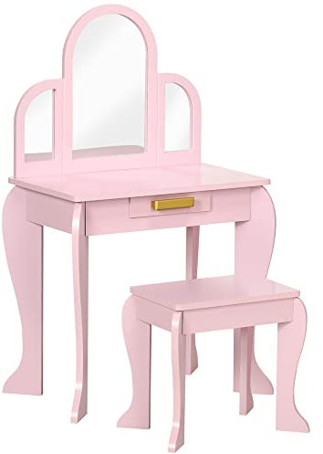 HOMCOM Schminktisch für Kinder, Schminktisch mit Hocker, 3 Spiegel und Schublade, 3 bis 6 Jahre, 52 x 32 x 85 cm, Rosa