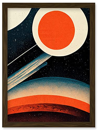 Wee Blue Coo Retro Boho Space Starscape Abstract Mid Century Style Navy Teal Orange Cream Artwork Framed Wall Art Print A4