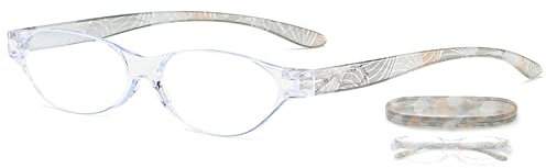 Lanomi Mode Lesebrille Blaulichtfilter Randlos Schmal Oval Blumenmuster Lesehilfe Sehhilfe Kleine Leicht TR90 UV400 Schutz Brille mit Etui Grau Blumen 3.5