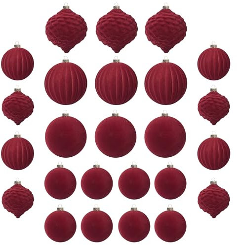 25 Pezzi Set palline di natale velluto rosso bordeaux 6cm 8cm Ornamento decorazioni natalizie, Set di velluto rosse plastica