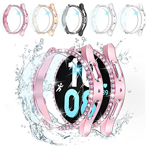 [5+5 Pack] Glitzer Diamant Galaxy Watch 5/4 Abdeckung + Schutzfolie 40mm Gehäuse, 5 gehärtetes Glas und 5 Harte PC Bumper Gehäuse Bling Kristall Frauen Zubehör für Galaxy Watch 4 5 Serie (40mm)