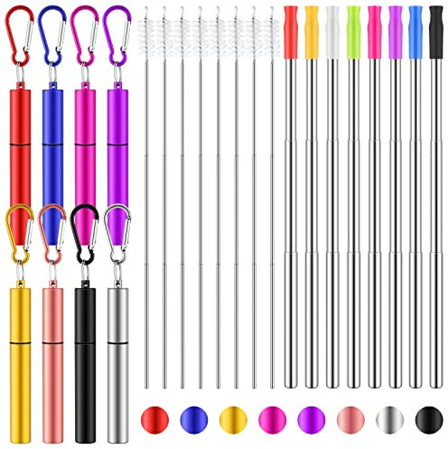 Zubebe 8 Pcs Reusable Collapsible Portable Straws, Stainless Steel, Silicone Tip, Cleaning Brushes and Keychain