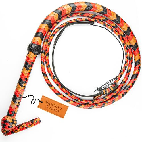 Bantoro Crafts Fouet professionnel en cuir de 2,4 m de long en 12 tresses, marron clair, rouge et noir, pour l'équitation, le bétail
