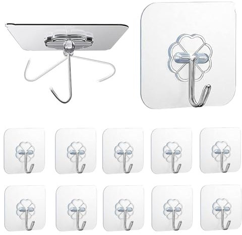 Senshuomy 12pcs Wall Hooks, Self Adhesive, Heavy Duty, Modern Style, White, Plastic, 100% Plastic, Hooks for Hanging, Kitchen, Bathroom, Door, 60lbs Capacity, Easy Install