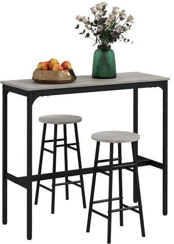 HOMCOM 3 Piece Bar Table Set with 2 Stools, Industrial Bar Table and Stool Set, Dining Table and Chair Set for Small Space, Grey