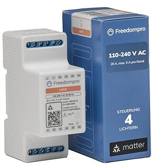 Freedompro DIN H Interruttore Relé WiFi per Luci Smart, Comanda 4 Luci, Compatibile con HomeKit, Matter, Alexa, Google Home, Domotica, Monitora i Consumi, 110-240V, 20A, per Quadro Elettrico