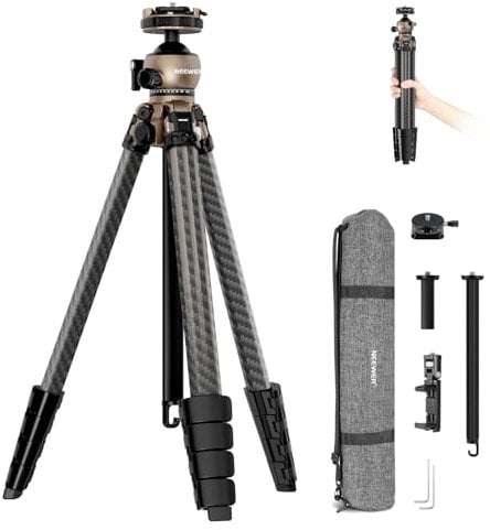 NEEWER LITETRIP LT35 Treppiede da Viaggio 155CM Carbonio Testa Sfera Pan a Basso Profilo,Piastra Arca Compatibile con Peak Design V3,Asse Centrale,Impugnatura con Morsetto per Cellulare 2in1,Max 10kg