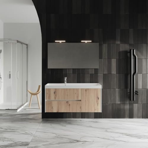 KIAMAMI VALENTINA Möbelset für das Badezimmer in 120cm, geriffelt mit Eiche und Spiegel | Cortina
