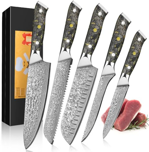 KEENZO Messerset 5-teilig, Küchenmesserset aus 67 Schichten Damaststahl, Profi Kochmesser mit scharfer Klinge, Chefmesserset mit Schwarz Kunstharz Handgriff, Profi Messer Set, Geschenkbox