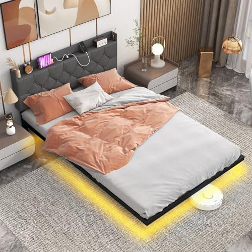 COSTWAY Lit 140x200 cm Design Flottant avec Éclairage LED, Cadre de Lit Double avec Sommier et Tête de Lit Rembourrée Réglable, Multiprise 2 Prises 2 Ports USB, Contrôle par APP, Assemblage Facile