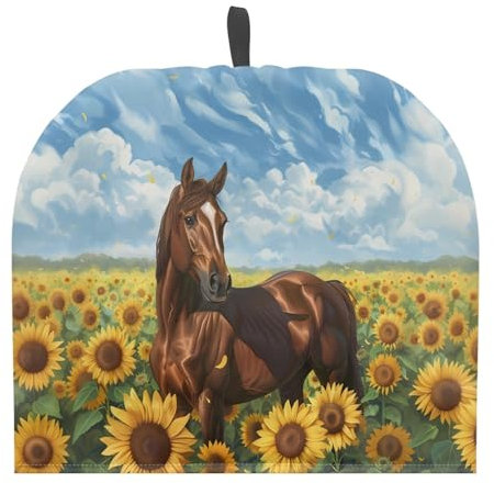 TOADDMOS Tetera con diseño de caballo y girasol, para decoración del hogar, cocina, tela de poliéster, ligera, cubierta antipolvo para tetera y cafetera, protector