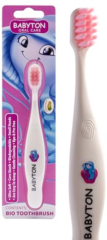 Babyton Bio-Zahnbürste, umweltfreundlich, weiche Borsten für Babys, ergonomischer Griff, biologisch abbaubares Maiskolben-Material (Jellyfish)