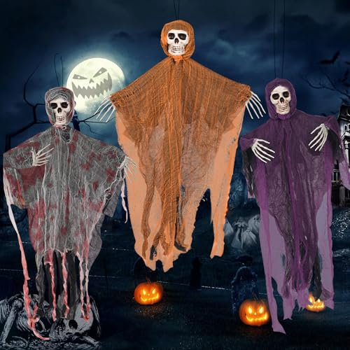 3 Pezzi Fantasma da Appendere, Scheletro Halloween con Pali di Sostegno e Chiodi a Terra, Decorazioni Halloween Horror per Interni Esterno Giardino Party